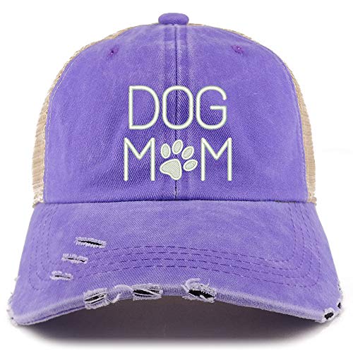 Trendy Apparel Shop Dog Mom with Paw Embroidered Frayed Bill Trucker Mesh Back Cap