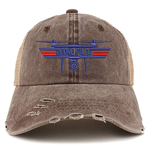 Trendy Apparel Shop Drone Top Gun Pilot Embroidered Frayed Bill Trucker Mesh Back Cap