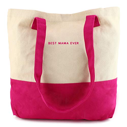 Trendy Apparel Shop Best Mama Ever Embroidred Colorblock Cotton Twill Large Tote Bag