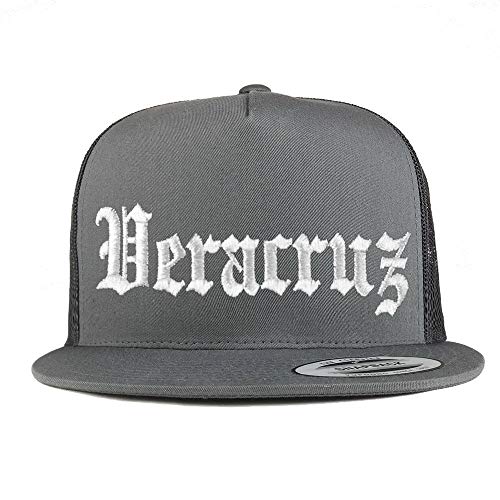 Trendy Apparel Shop Old English Veracruz White Embroidered 5 Panel Flatbill Trucker Mesh Cap