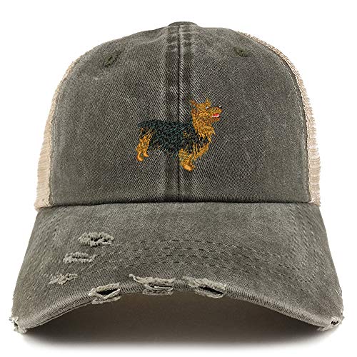 Trendy Apparel Shop Australian Terrier Dog Embroidered Frayed Bill Trucker Mesh Back Cap