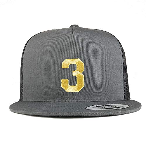 Trendy Apparel Shop Number 3 Gold Thread Embroidered Flat Bill 5 Panel Trucker Cap
