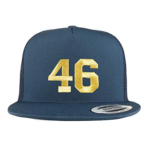 Trendy Apparel Shop Number 46 Gold Thread Embroidered Flat Bill 5 Panel Trucker Cap