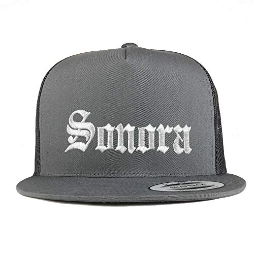 Trendy Apparel Shop Old English Sonora White Embroidered 5 Panel Flatbill Trucker Mesh Cap
