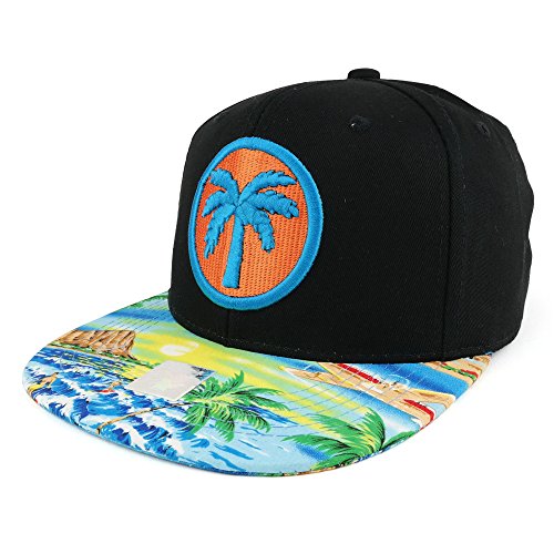 Trendy Apparel Shop Palm Tree Print and 3D Puff Embroidered Flatbill Snapback Cap
