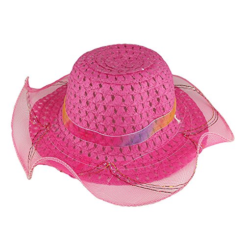 Trendy Apparel Shop Girl's Summer Straw Hat with Glitter Ruffled Mesh Brim and Rainbow Hat Band