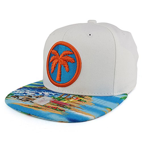 Trendy Apparel Shop Palm Tree Print and 3D Puff Embroidered Flatbill Snapback Cap