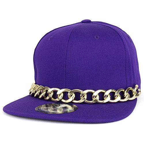 Trendy Apparel Shop Plain Hip Hop Flat Bill Snapback Cap with Gold Chain