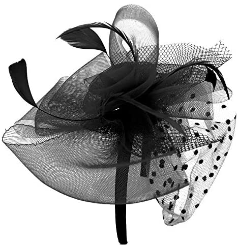Trendy Apparel Shop Feather Trim and Swiss Dot Mesh Net Bow Fascinator
