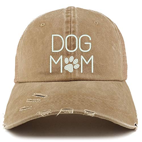 Trendy Apparel Shop Dog Mom with Paw Embroidered Frayed Bill Trucker Mesh Back Cap