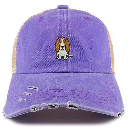 Trendy Apparel Shop Basset Hound Dog Embroidered Frayed Bill Trucker Mesh Back Cap