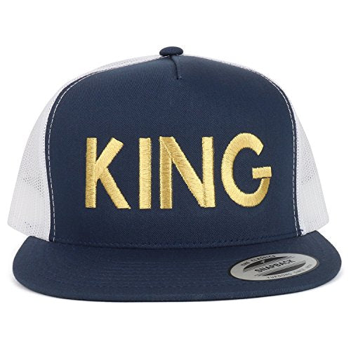 Trendy Apparel Shop King Gold Embroidered 5 Panel Flat Bill 2-Tone Mesh Cap