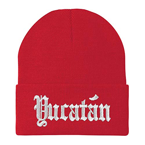 Trendy Apparel Shop Old English Yucatan White Embroidered Acrylic Knit Beanie Cap