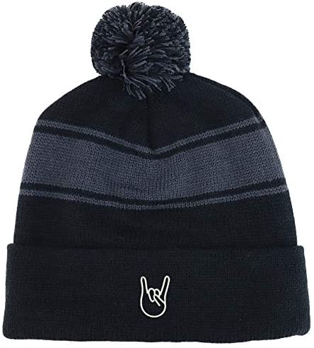 Trendy Apparel Shop Rock On Logo Two Tone Pom Striped Long Beanie Hat
