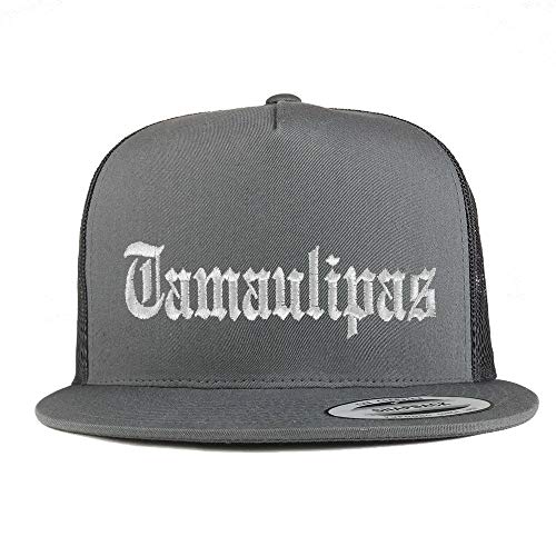 Trendy Apparel Shop Old English Tamaulipas White Embroidered 5 Panel Flatbill Trucker Mesh Cap