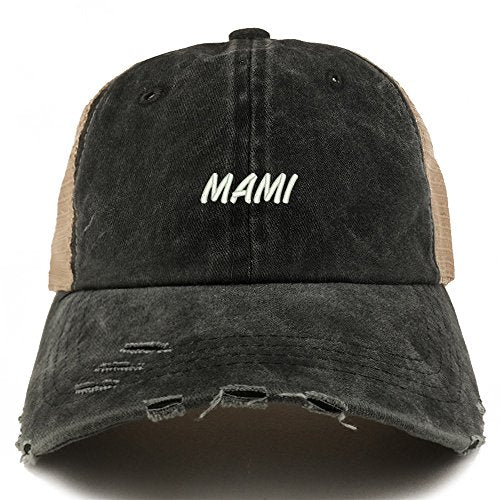 Trendy Apparel Shop Mami Embroidered Frayed Bill Trucker Mesh Back Cap