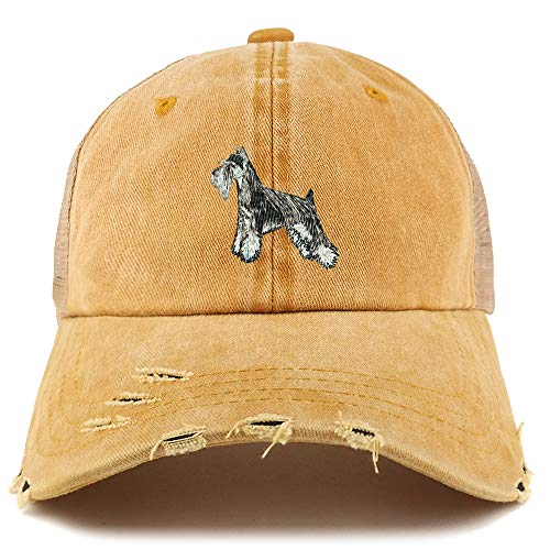 Trendy Apparel Shop Miniature Schnauzer Dog Embroidered Frayed Bill Trucker Mesh Back Cap
