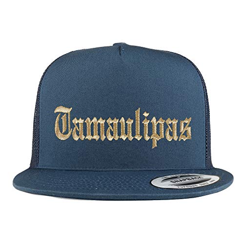 Trendy Apparel Shop Old English Tamaulipas Gold Embroidered 5 Panel Flatbill Trucker Mesh Cap