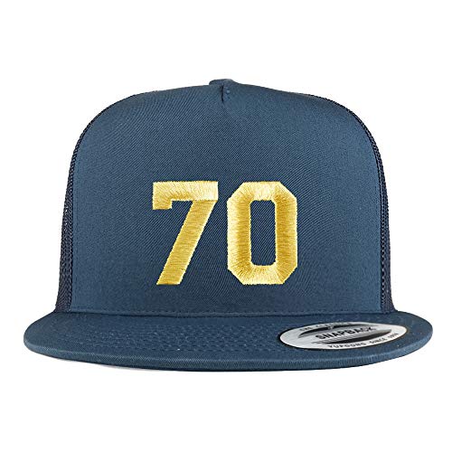Trendy Apparel Shop Number 70 Gold Thread Embroidered Flat Bill 5 Panel Trucker Cap