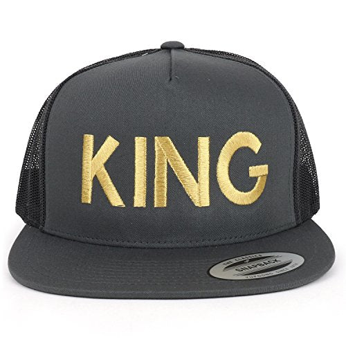 Trendy Apparel Shop King Gold Embroidered 5 Panel Flat Bill Mesh Cap
