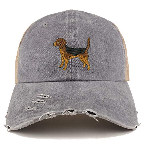 Trendy Apparel Shop Beagle Dog Embroidered Frayed Bill Trucker Mesh Back Cap
