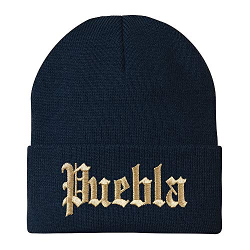 Trendy Apparel Shop Old English Puebla Gold Embroidered Acrylic Knit Beanie Cap