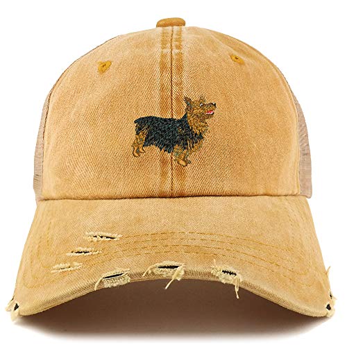 Trendy Apparel Shop Australian Terrier Dog Embroidered Frayed Bill Trucker Mesh Back Cap