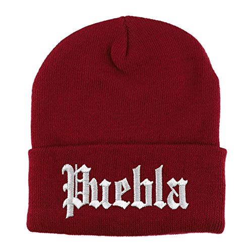 Trendy Apparel Shop Old English Puebla White Embroidered Acrylic Knit Beanie Cap