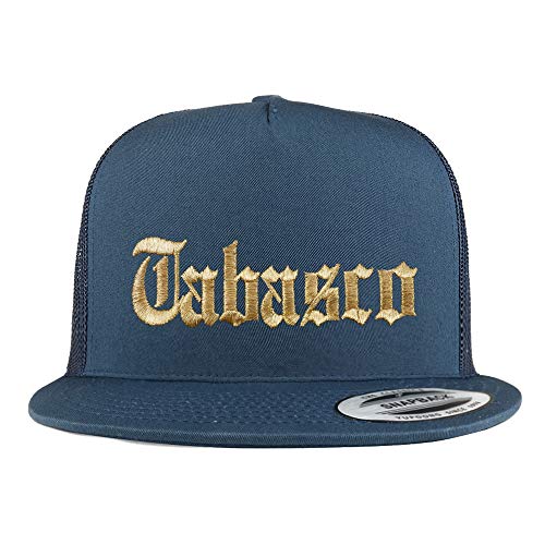 Trendy Apparel Shop Old English Tabasco Gold Embroidered 5 Panel Flatbill Trucker Mesh Cap