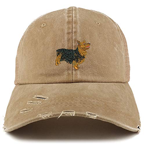 Trendy Apparel Shop Australian Terrier Dog Embroidered Frayed Bill Trucker Mesh Back Cap