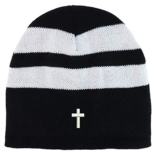 Trendy Apparel Shop Cross Embroidered Fleece Lined Striped Short Beanie
