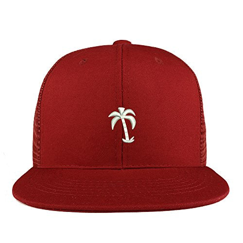 Trendy Apparel Shop Palm Tree Solid White Embroidered Cotton Flat Bill Mesh Back Trucker Cap