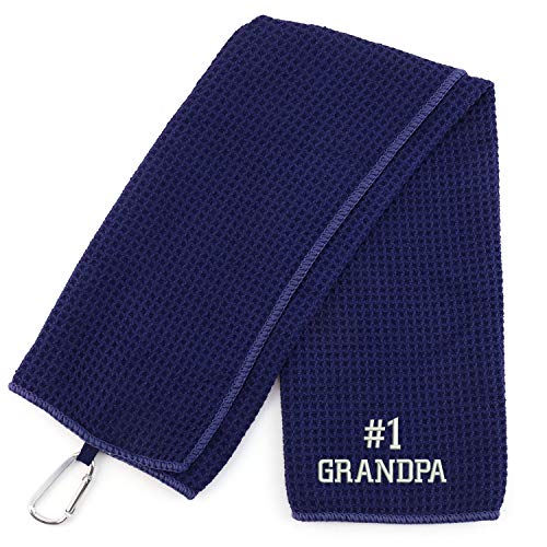 Trendy Apparel Shop Number #1 Grandpa Embroidered Trifold Waffle Textured Microfiber Gold Towel with Carabiner
