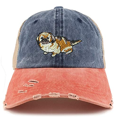 Trendy Apparel Shop Pekingese Dog Embroidered Frayed Bill Trucker Mesh Back Cap