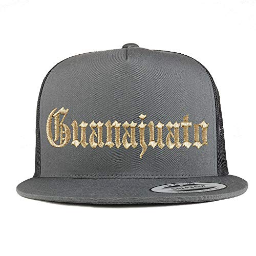Trendy Apparel Shop Old English Guanajuato Gold Embroidered 5 Panel Flatbill Trucker Mesh Cap