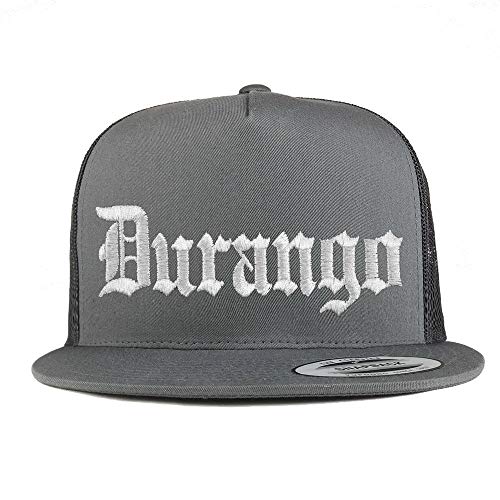 Trendy Apparel Shop Old English Durango White Embroidered 5 Panel Flatbill Trucker Mesh Cap