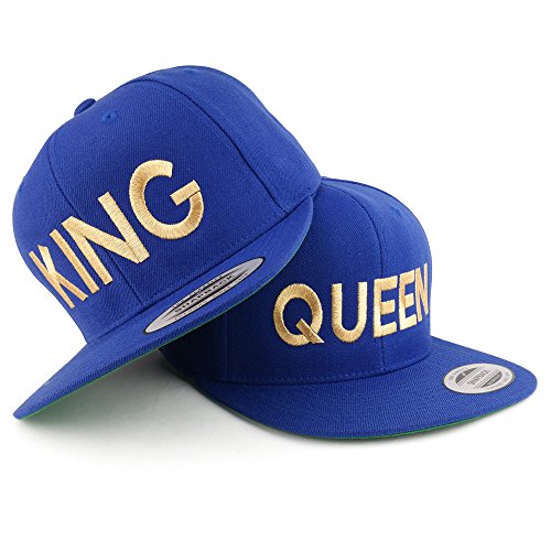Trendy Apparel Shop King and Queen Gold Embroidered Flat Bill Structured Baseball Cap