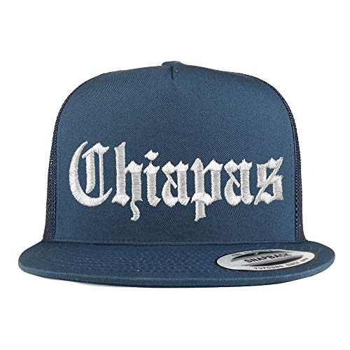 Trendy Apparel Shop Old English Chiapas White Embroidered 5 Panel Flatbill Trucker Mesh Cap