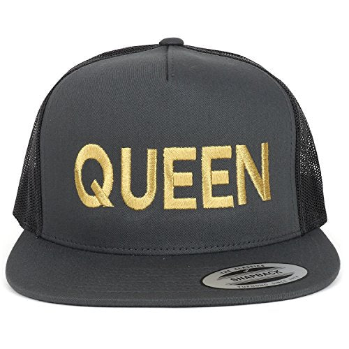 Trendy Apparel Shop Queen Gold Embroidered 5 Panel Flat Bill Mesh Cap