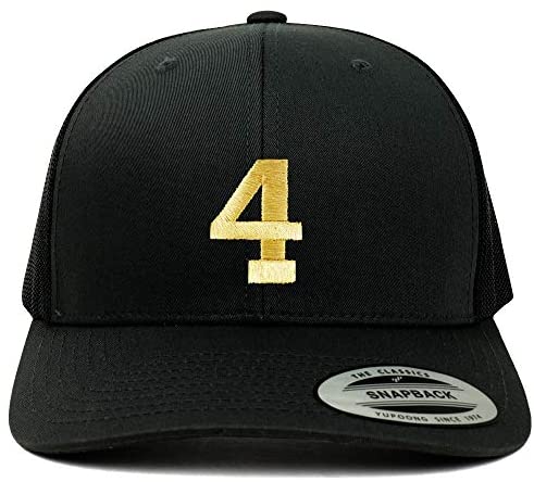 Trendy Apparel Shop Number 4 Gold Thread Embroidered Retro Trucker Mesh Cap