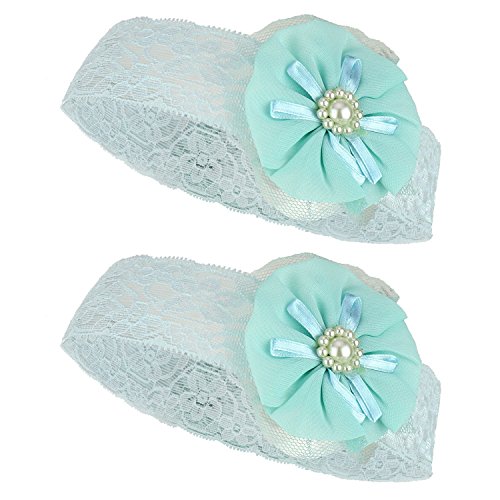 Trendy Apparel Shop Infant Girl's Soft Lace Stretchy Headband with Chiffon Flower 2 Pack - BLUE