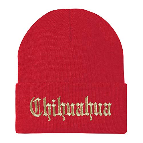 Trendy Apparel Shop Old English Chihuahua Gold Embroidered Acrylic Knit Beanie Cap