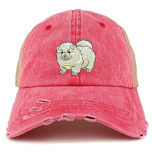 Trendy Apparel Shop Chow Chow Dog Embroidered Frayed Bill Trucker Mesh Back Cap