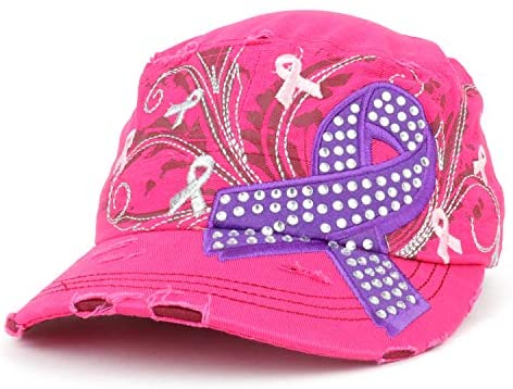 Trendy Apparel Shop Studded Pancreatic Cancer Awareness Frayed Flat Top Style Army Cap - HOT Pink