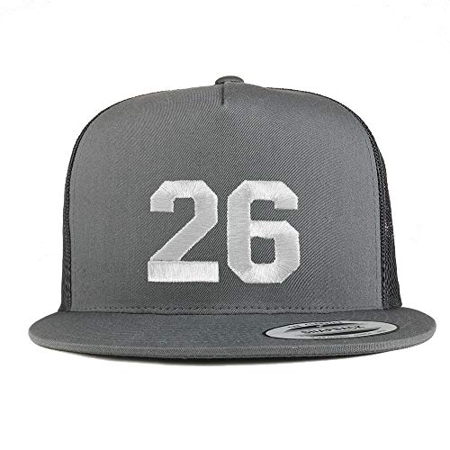 Trendy Apparel Shop Number 26 White Thread Embroidered Flat Bill 5 Panel Trucker Cap