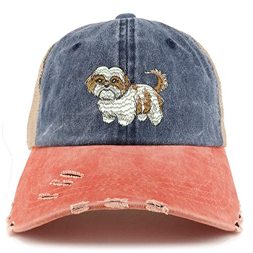 Trendy Apparel Shop Shih Tzu Dog Embroidered Frayed Bill Trucker Mesh Back Cap