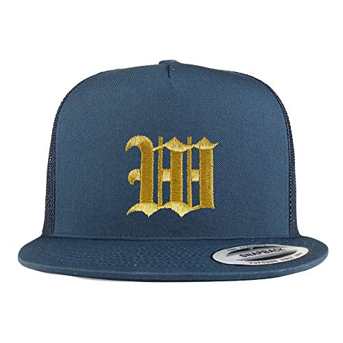 Trendy Apparel Shop Old English Gold W Embroidered 5 Panel Flatbill Trucker Mesh Cap