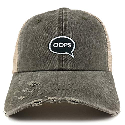 Trendy Apparel Shop Oops Patch Pigment Dyed Mesh Back Frayed Bill Trucker Cap