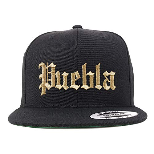 Trendy Apparel Shop Old English Puebla Gold Embroidered Flatbill Snapback Baseball Cap