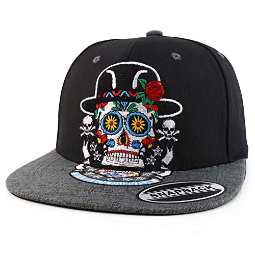 Trendy Apparel Shop Dia De Los Muerto Skull Embroidered Flatbill Snapback Cap